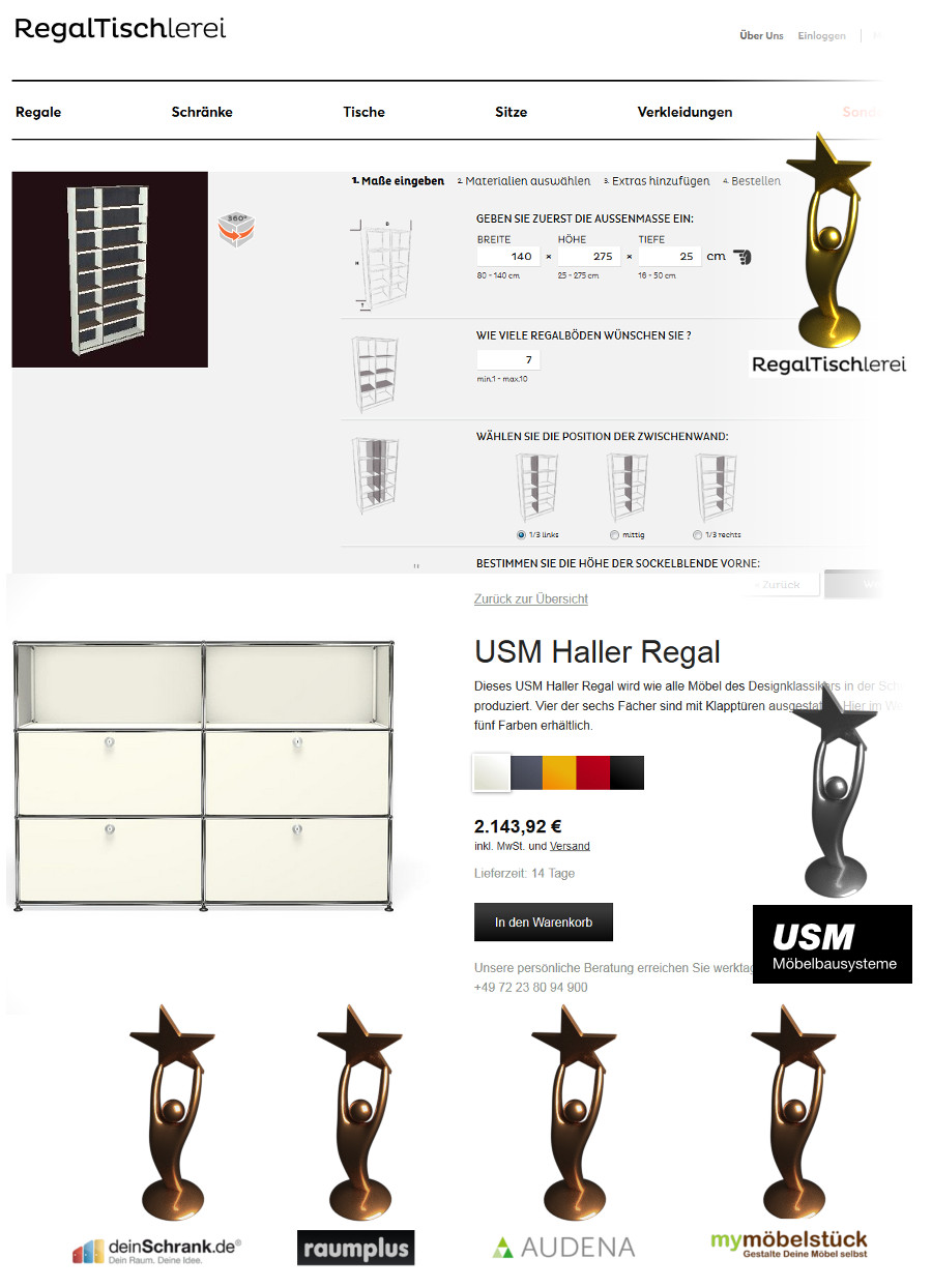 Bildquelle (Screenshot der Konfiguratorseite bzw. Logos): Regaltischlerei, USMHaller, deinSchrank.de Audena, Raumplus