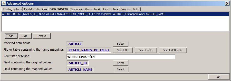 name mapping specification tab